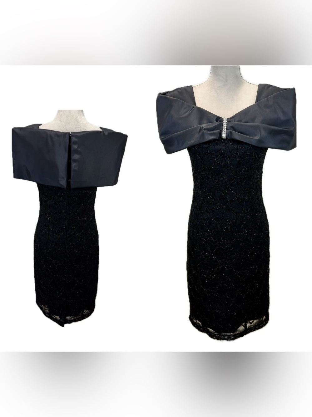 Vintage 80’s Cocktail Dress Sz 6 Black Portrait Collar Old Hollywood Goth Witchy